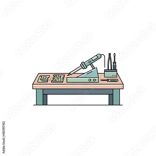 Soldering Station Setup on Workbench with Tools and Electronic Components in a Workshop Environment