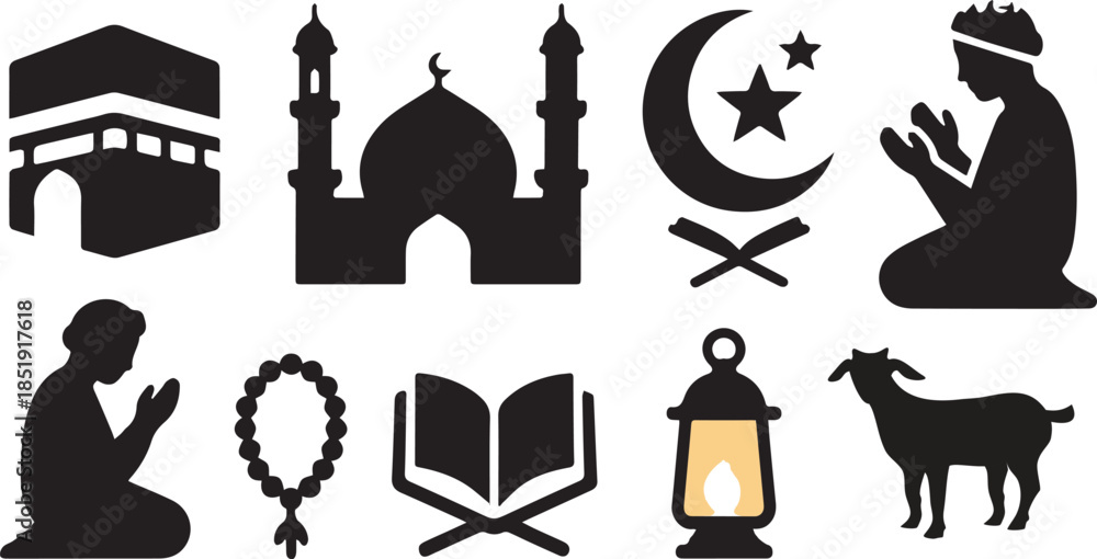 Obraz premium A collection of black silhouettes depicting Islamic architecture, prayer, and religious symbols on a white background