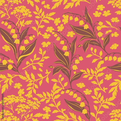 Elegant hand drawn Lily of the Valley seamless pattern. Romantic floral design for luxury textiles, wallpaper, spring weddings, and apparel prints.