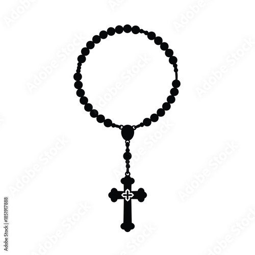 a simple black and white illustration depicting a catholic rosary with rounded beads and a cross pendant hanging downwards prominently displayed