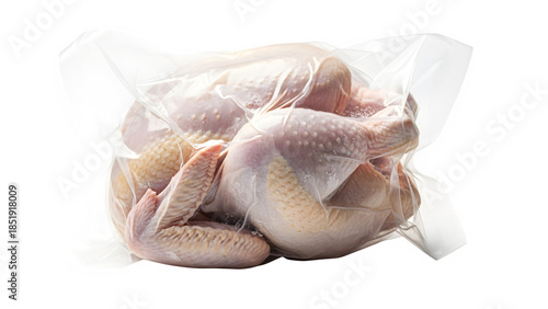 Raw chicken vacuum sealed in plastic bag on black background