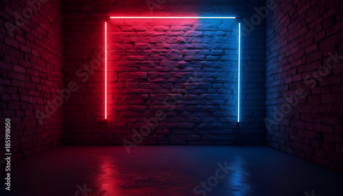 Neon light on brick walls that are not plastered background and texture. Lighting effect red and blue neon background of empty brick basement wall.
