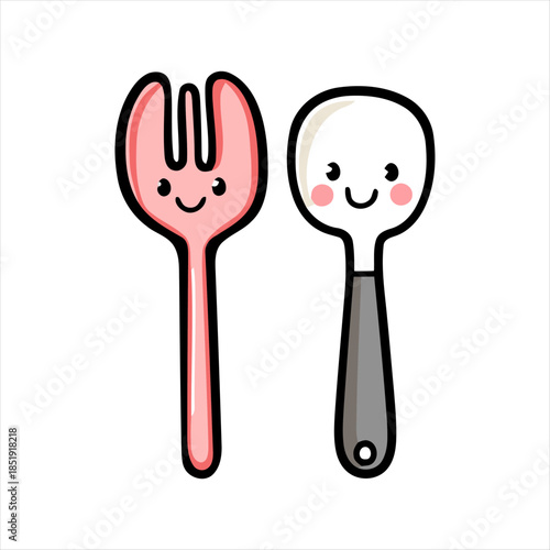 Adorable cartoon fork and spoon with happy faces, perfect for a cheerful kitchen design or child-friendly mealtime concept