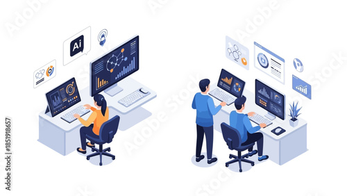 Professionals working diligently in modern office with data analysis and AI technology