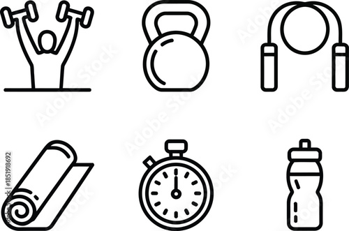  Fitness and workout equipment icons including weights, kettlebell, jump rope, and more.