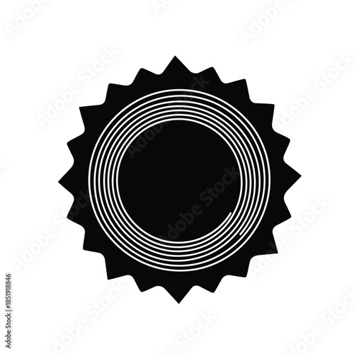 a striking black and white circular design features concentric lines and a jagged starburst like outer edge creating a bold graphic