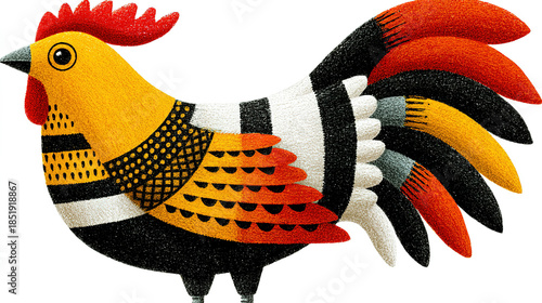 colorful, stylized rooster with vibrant feathers, decorative patterns, and bold design.