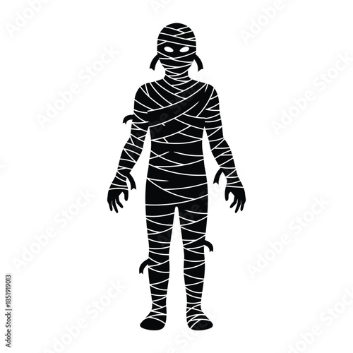 a striking black silhouette depicts a fully bandaged mummy figure standing upright evoking themes of ancient egypt and halloween festivities high quality