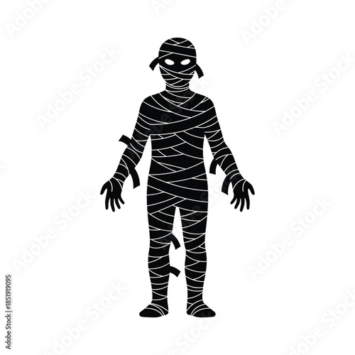 a striking silhouette depicts a child fully wrapped in bandages portraying a classic halloween mummy costume illustration high quality professional detailed modern