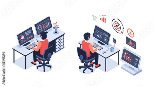 Businessman working diligently at modern office desk with dual monitors