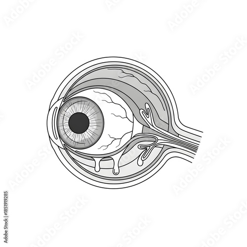 Minimal black and white medical illustration of human eye anatomy, showing eye layers and tear ducts, smooth line art in cross-section, flat vector design, clean and simple grayscale shading, ideal fo