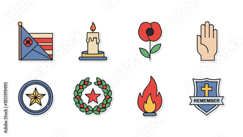 Symbols of remembrance and honor, including a poppy, candle, and laurel wreath.