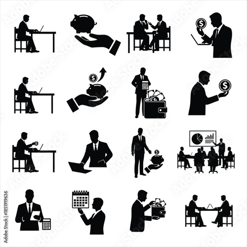 Finance, Banking and Investment Silhouettes - Business Money Management Icons