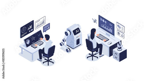 Professionals working with AI technology in modern office space