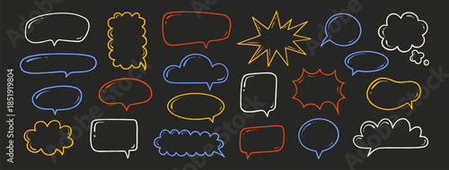 Crayon speech bubbles set. Chat talk boxes. Line hand drawn chalk colorful frames. Kid doodle style. Dialogue balloon cloud. Pencil drawing, thought elements, black background. Vector illustration