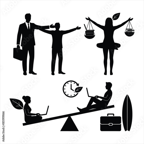 Work-Life Balance and Business Concepts:


Conceptual silhouettes of business people balancing work, health, and life.