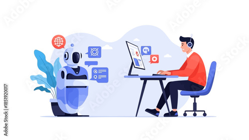 Man working with robot on computer in modern office space