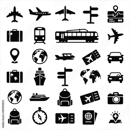 Tourism and Navigation Symbol Collection: Travel destination, passport, luggage, and map navigation icons for tourism.