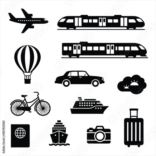 Global Transportation and Travel Icons: Various transport modes including airplane, train, car, ship, and bicycle silhouettes.