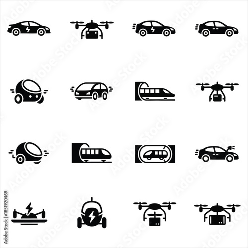 Future Transportation and Smart Mobility Icons: Innovative electric vehicles, autonomous pods, and smart city transport icons.