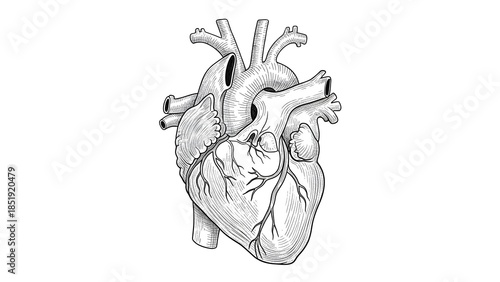 Black and white detailed hand-drawn illustration of human heart, showing realistic blood vessels and structure, fine ink lines with soft shading, vintage engraving style, high clarity, accurate heart 