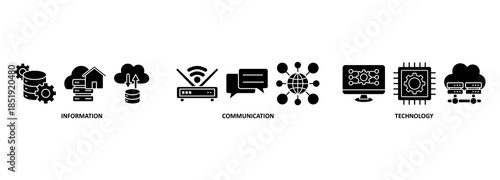 ICT banner web icon vector illustration concept for information and communications technology with icon of antenna, radio, network, website, database, cloud, server, data, electronic, and processor 