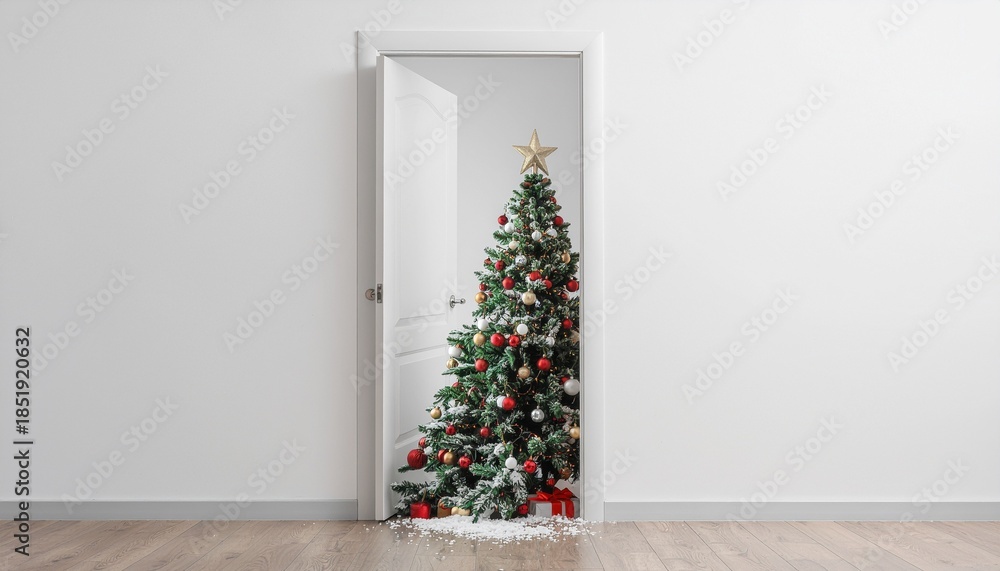 Fototapeta premium Christmas tree in doorway holiday decoration festive scene indoor outdoor decor winter festive season