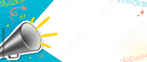 Megaphone Pop Art Halftone Announcement Collage Banner with Copy Space, Doodle Scribbles. Loudspeaker Speech Area for Promotion Message Poster Marketing Sale Attention Text. Vector Illustration