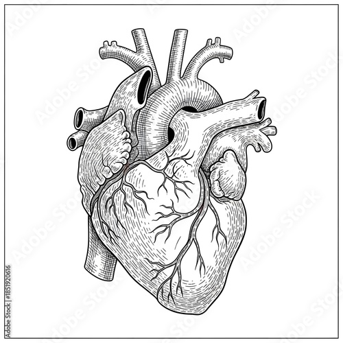 Intricate black and white illustration of human heart anatomy, hand-drawn with fine ink lines, showcasing realistic proportions of blood vessels, vintage engraving style with soft shadows, high clarit
