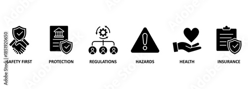 Work safety banner web icon vector illustration for occupational safety and health at work with safety first, protection, regulations, hazards, health, and insurance icon 
