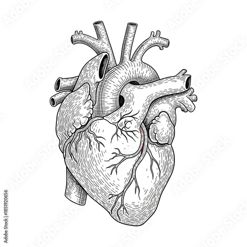 Intricate black and white illustration of human heart anatomy, hand-drawn with fine ink lines, showcasing realistic proportions of blood vessels, vintage engraving style with soft shadows, high clarit