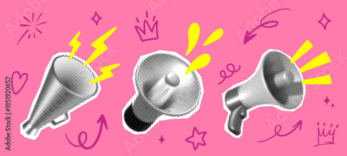 Halftone Megaphone Pop Art Collage Set with Hand Drawn Arrows Crown Sparkles Swirls. Loudspeaker Paper Cut Icons and Doodles on Pink Bg for Social Media Marketing Announcement. Vector Illustration