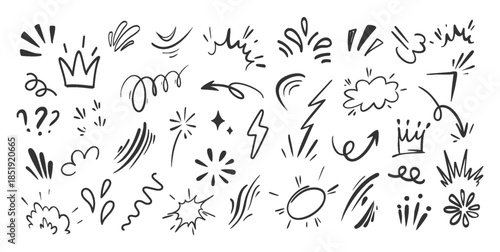 Doodle Arrows Crowns Lightning Speed Lines, Stars Bursts, Boom Shapes Hand Drawn Comic Action Effect Set. Black Ink Sketch Icons for Pop Art Social Media Collage Design Accents. Vector Illustration