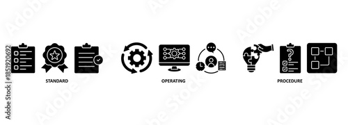 SOP banner web icon vector illustration concept for the standard operating procedure with an icon of instruction, quality, manual, process, operation, sequence, workflow, iteration, and puzzle 