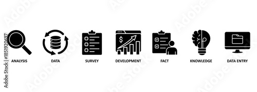 Research banner web icon vector illustration concept with icon of analysis, data, survey, development, fact, knowledge and data entry 