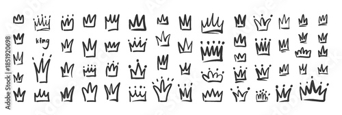 Crown Hand Drawn Doodle Collection with Sketchy Royal Icons. Black Ink Crowns in Different Styles for Branding Logos Stickers, Social Media Scrapbooking Collage Creative Design. Vector Illustration