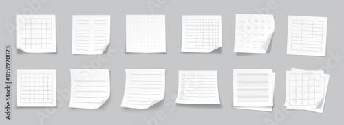 Realistic Paper Note Memo Sheets Set with Lined, Dotted Grid, Table Layouts. Blank Square White Notebook Pages for To Do List Planning, Study Tasks. Professional Paper Notes Pack. Vector Illustration
