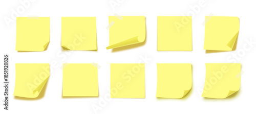 Yellow Sticky Notes Set. Bright Paper Reminder Sheets with Realistic Shadows, Folded Corners, Tape for Office Tasks Messages, Planning Design. Bestselling Note Sticker Collection. Vector Illustration