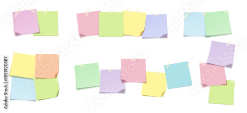 Sticky Notes Memo Paper Mockup Set. Colorful Pastel Square Sheets Taped on White Board Background for Reminder, Message, To Do List and Office Planning Design. Vector Illustration