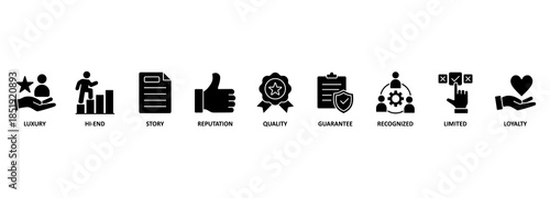 Super brand banner web icon vector illustration concept with icon of luxury, hi-end, story, reputation, quality, guarantee, recognized, limited and loyalty 