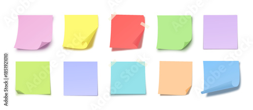 Sticky Notes Templates in Bright Pastel Colors with Folded Corners and Tape. Clean Paper Memo Cards for Work Organization, Study Use, Ideas Reminder. Realistic Sticky Notes Pack. Vector Illustration