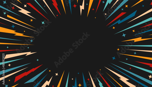 Comic Lightning Burst Frame Background with Dynamic Rays, Stars, Sparkles on Dark Center. Retro Pop Art Energy Border. Copy Space for Posters, Ads Banners, Creative Manga Design. Vector Illustration