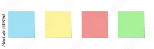 Blank Pastel Sticky Notes Set with Realistic Paper Texture in Blue, Yellow, Pink and Green. Minimal Square Memo Papers on White Bg for Office, Education, Planning, Design Mockup. Vector Illustration