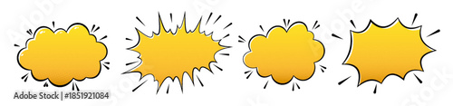 Yellow Comic Speech Bubbles with Halftone Texture, Explosion Bursts Lines. Pop Art Cartoon Expressive Dialog Clouds. Impact Shapes for Manga, Retro Ads Posters, Comics Text Boxes. Vector Illustration