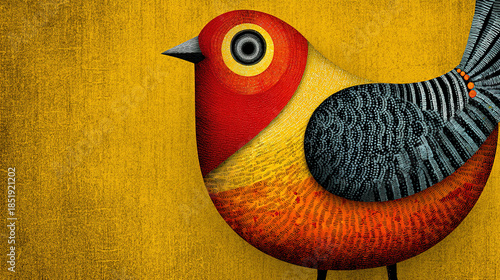 Artistic, stylized bird illustration with vibrant colors on textured background.