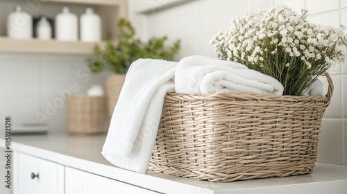 Linen Basket With Cotton Hand Towels in Laundry Storage Area