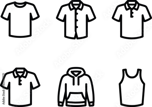 A minimalist collection of casual clothing icons including t-shirts, polo shirts, and hoodies