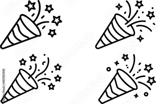 Event Party Popper Line Icon Set For Festive Designs on Transparent Background