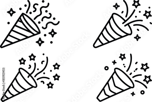 Outline Party Popper Icon Set For Birthday And Anniversary Events On Transparent Background