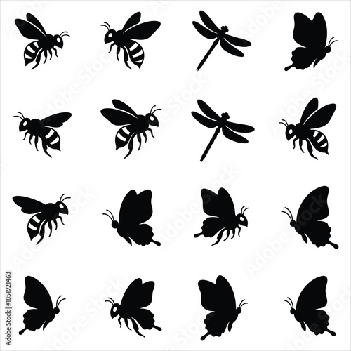 Flying insects icon set with butterfly, bee, and dragonfly silhouettes.